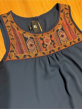 Iz Byer Navy Sleeveless Blouse with Multicolor Embroidered Yoke